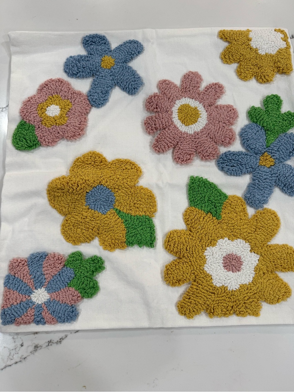 Cheerful Floral Hooked Accent Pillow Cover in White with Multi-Color Flowers